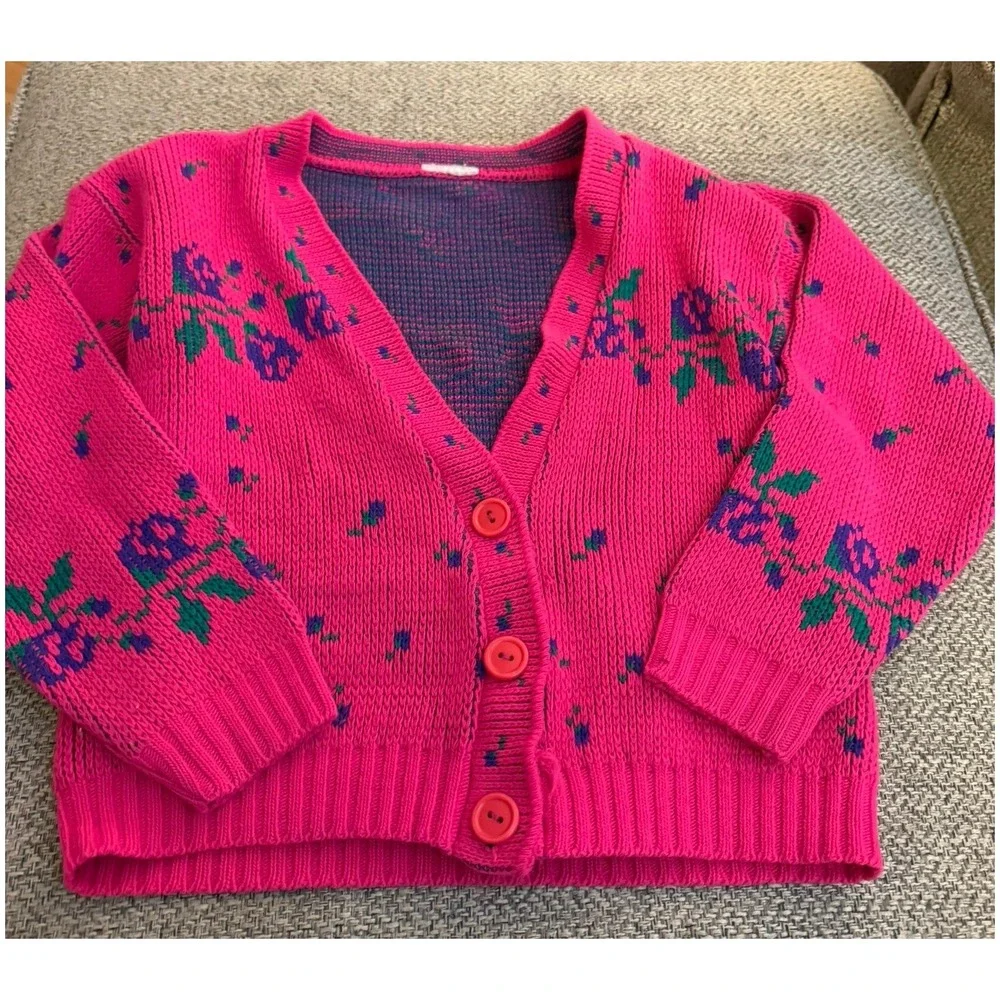 Vintage Kids 70's Pink Floral Rose‎ Knit Cardigan V-Neck Button Front Sweater